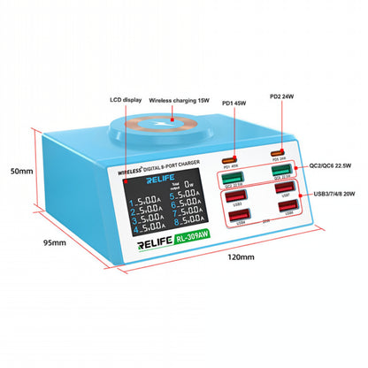 Relife RL-309AW Charging Station, 100W, 5A, 2 x USB-C - 6 x USB-A, Blue