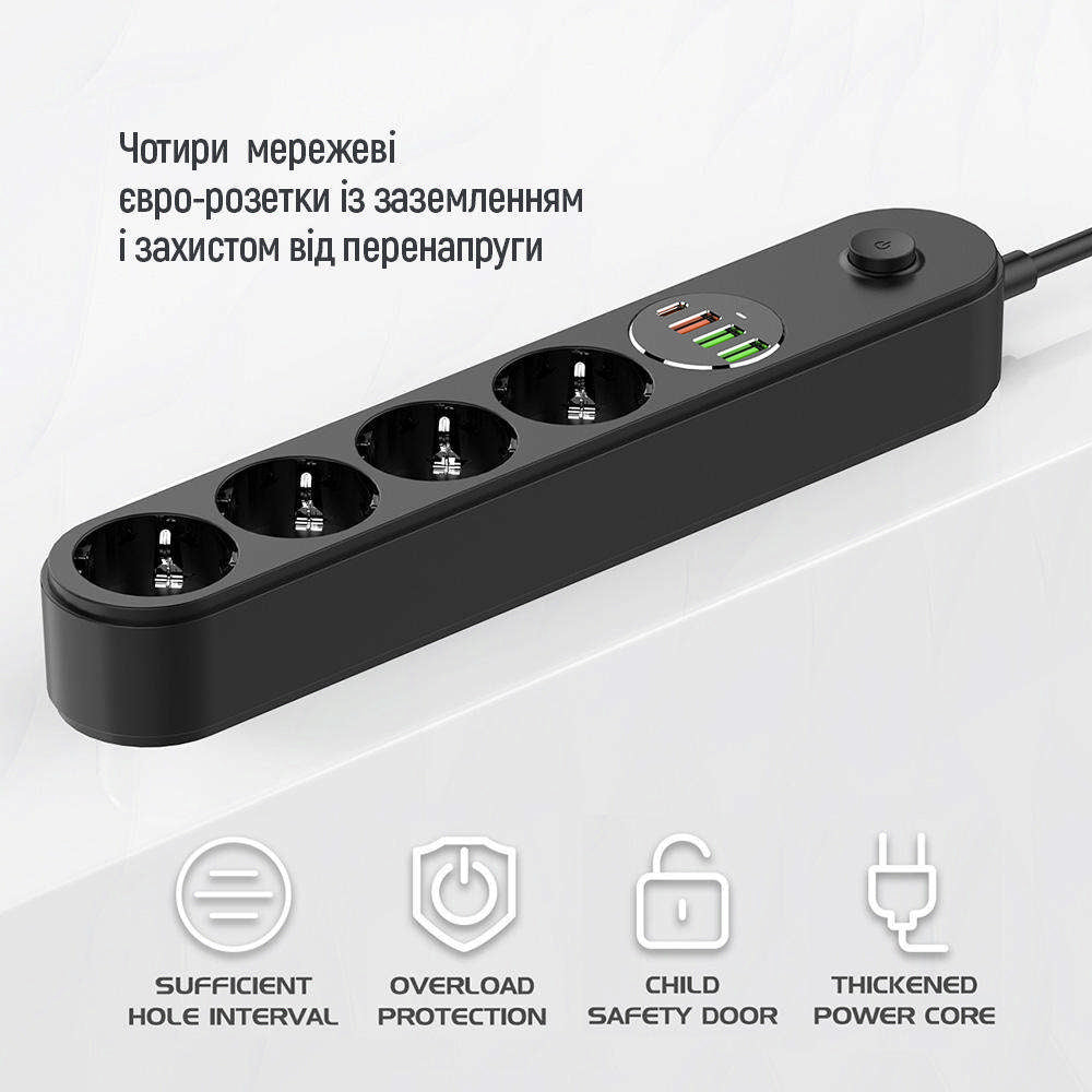 ColorWay Extension Cord, 4 x Schuko, Black